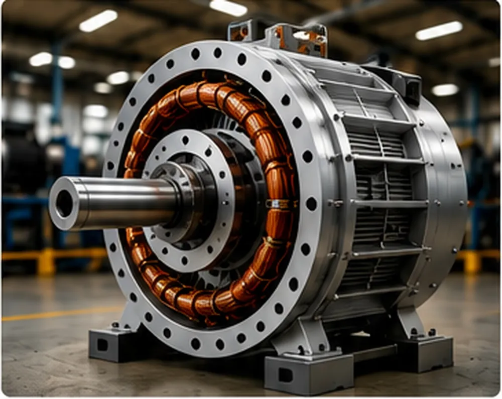 Cross-section diagram of a permanent magnet generator showing rotor with permanent magnets, stator core, copper windings, air gap, and output terminals