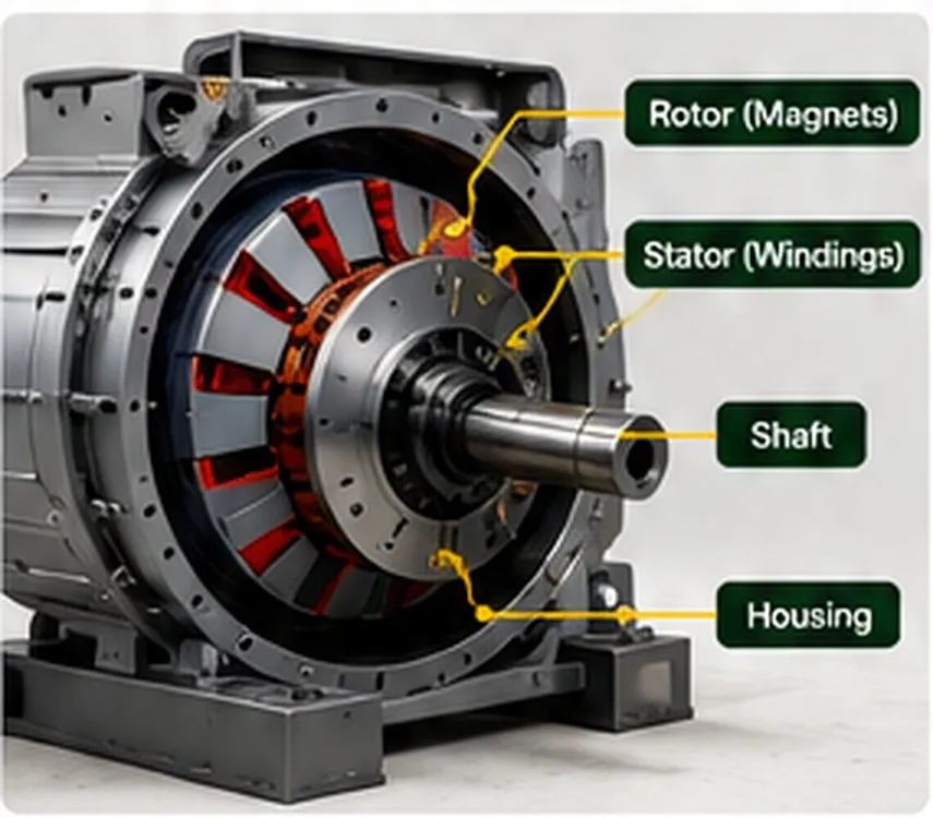 Engineers working on a hydroelectric generator rotor